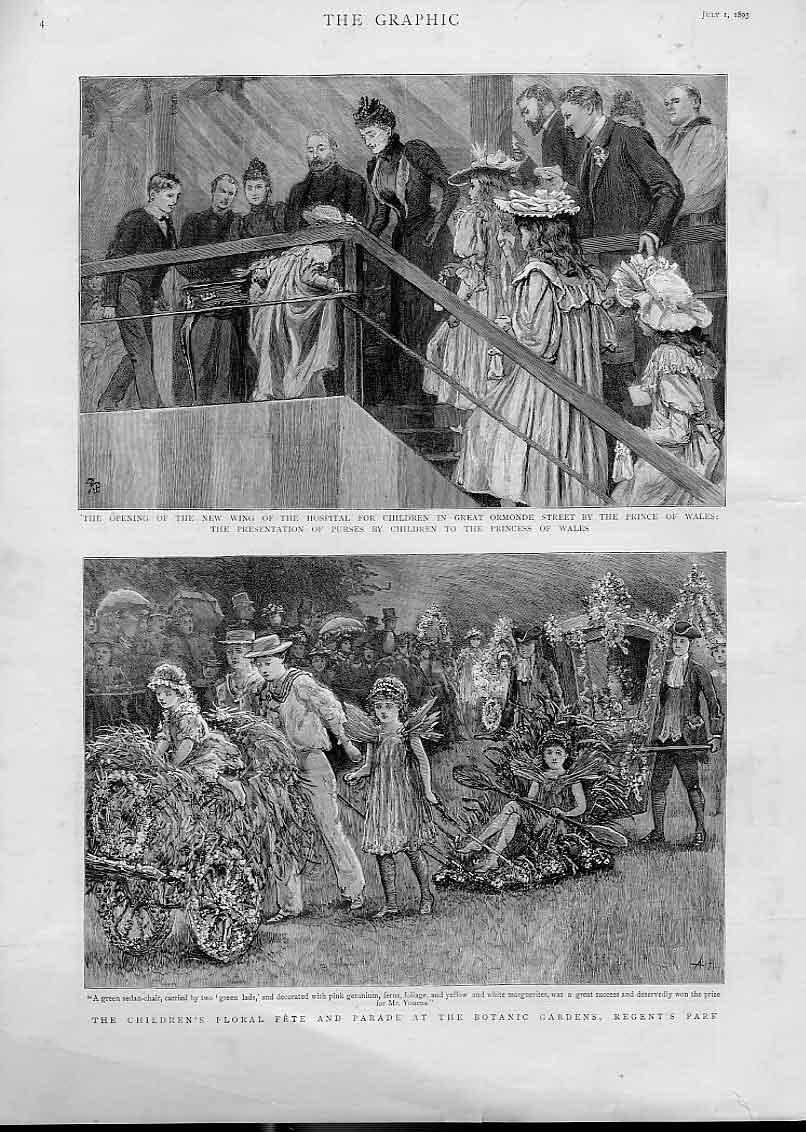 Original Old Antique Print Childrens Floral Fete Regents Park Ormond St Hospital