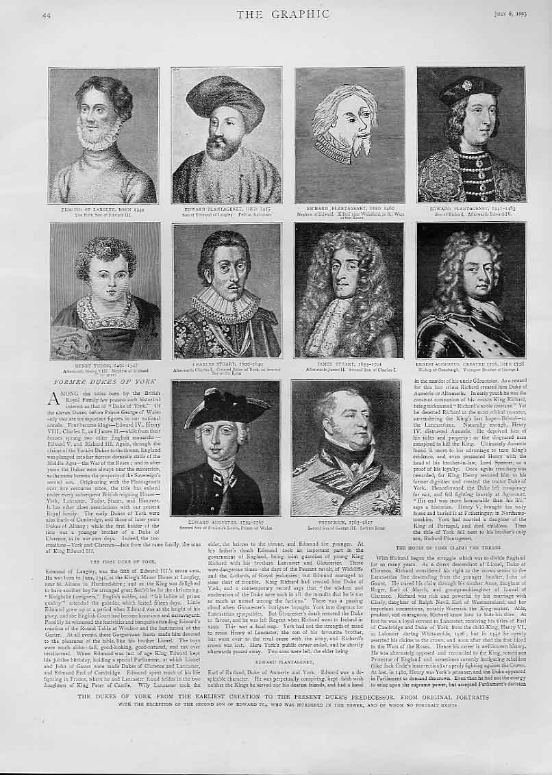 Original Old Antique Print 10 Former Dukes York 1893 Portraits