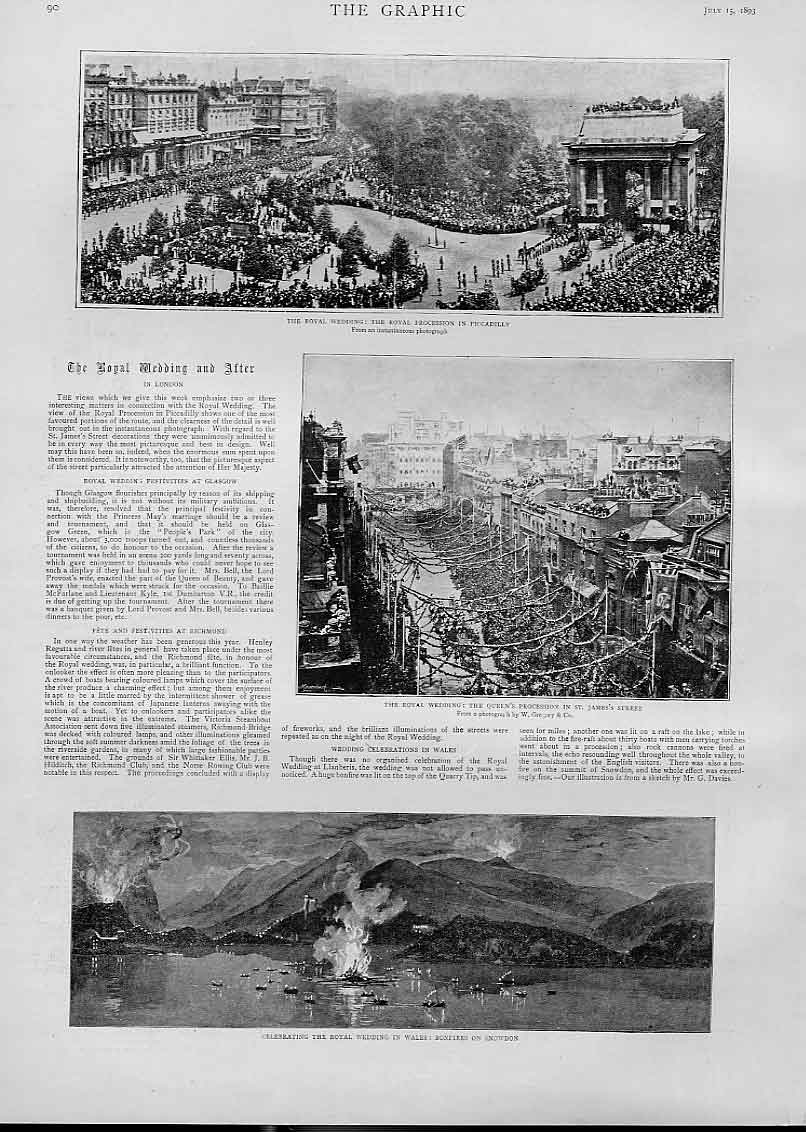 Old Antique Print Royal Wedding Procession Picadilly St James'S & Snowdon
