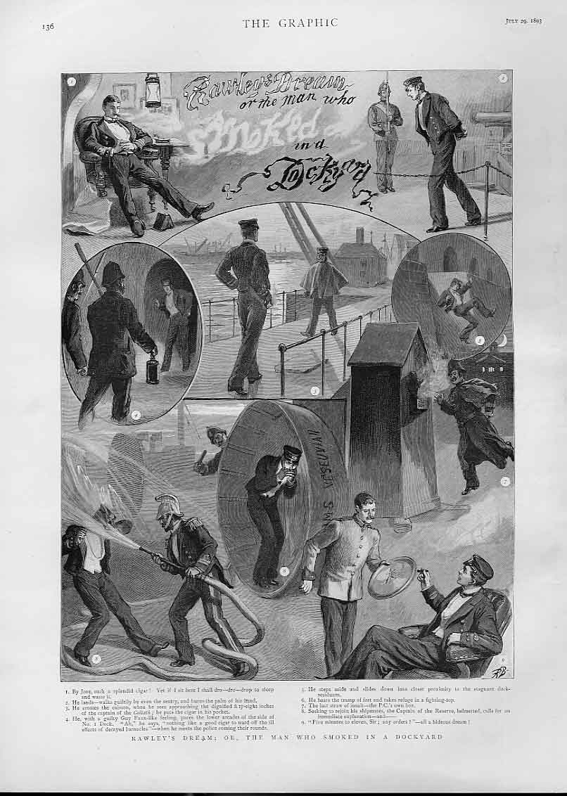 Original Old Antique Print Dream The Man Who Smoked In Dockyard 1893 Victorian