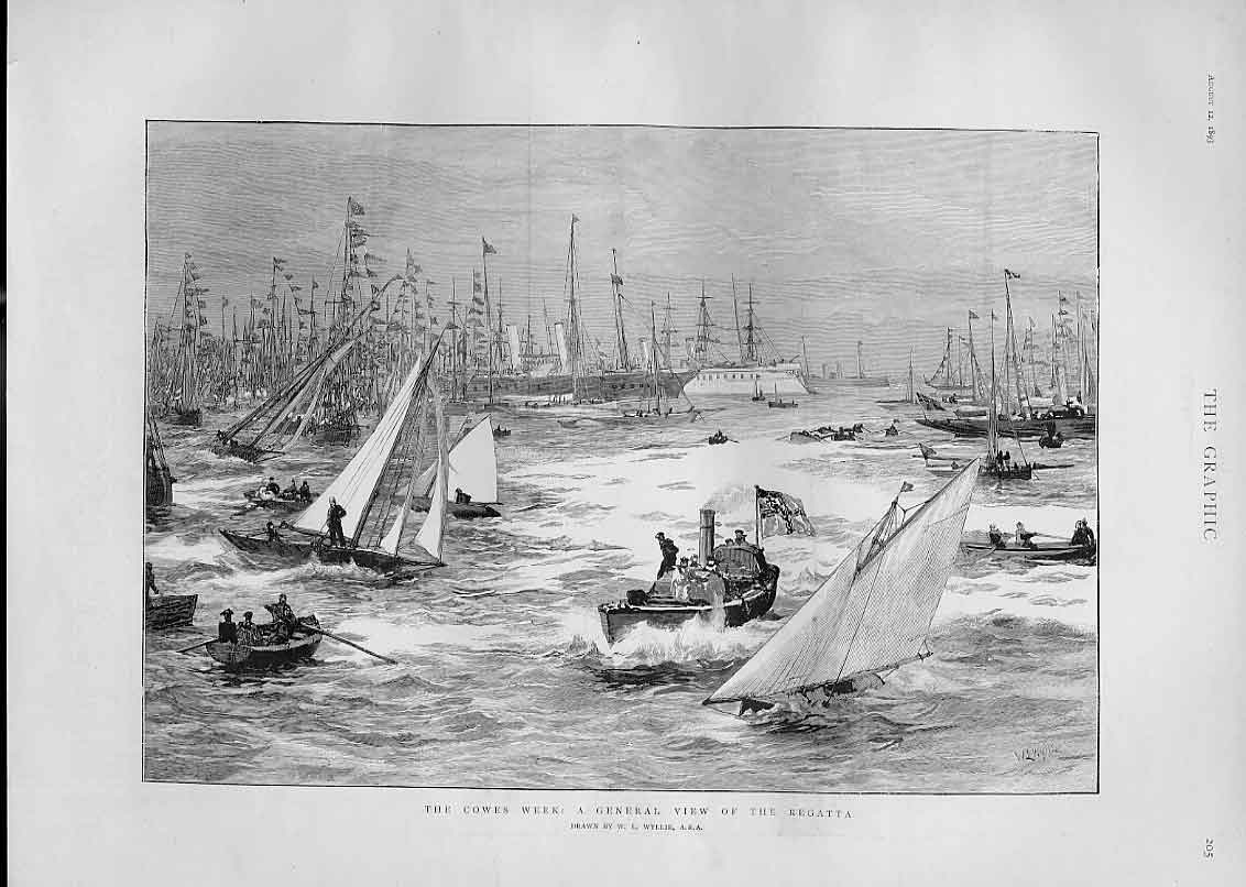 Original Old Antique Print General View Cowes During Regatta 1893 19th