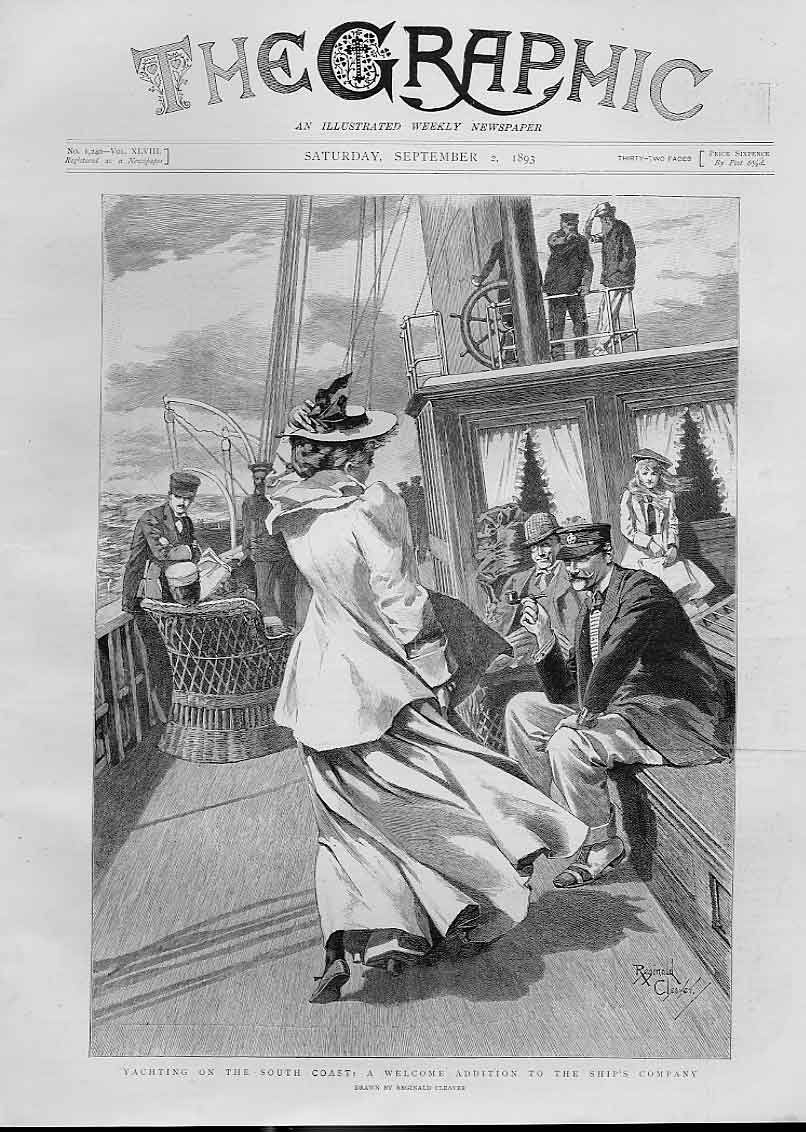 Original Old Antique Print Welcome To Ships Company Yachting South Coast 1893