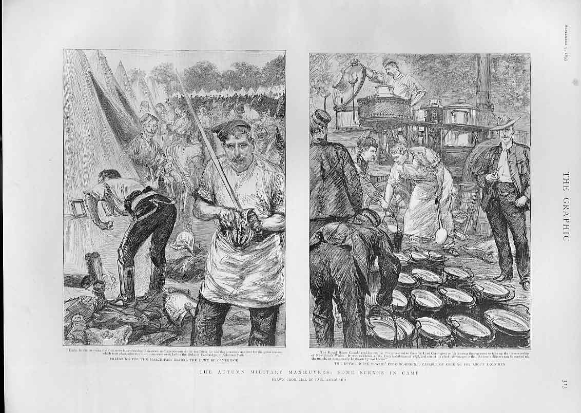 Old Antique Print Army Camp 1893 Horse Guards Cooking Engine For 1000 Men 19th