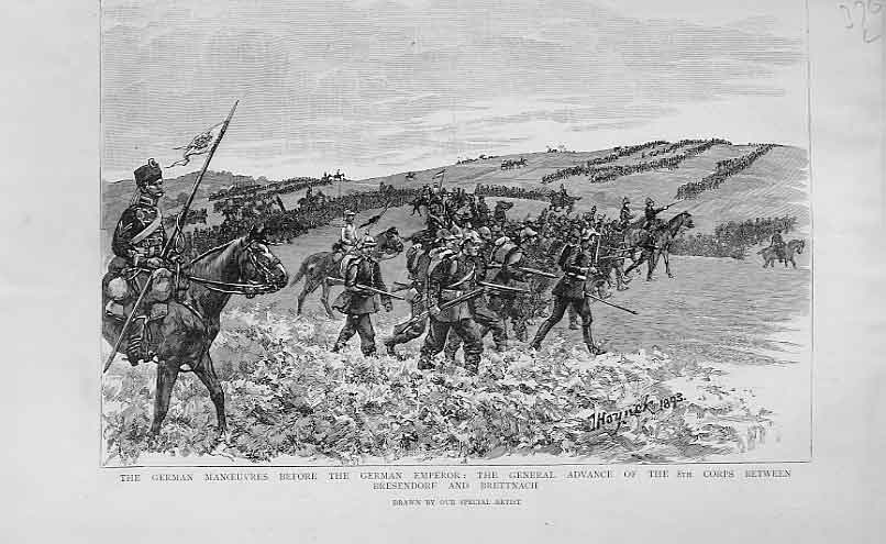Original Old Antique Print German Army Manoeuvres Bresendorf Brettnach