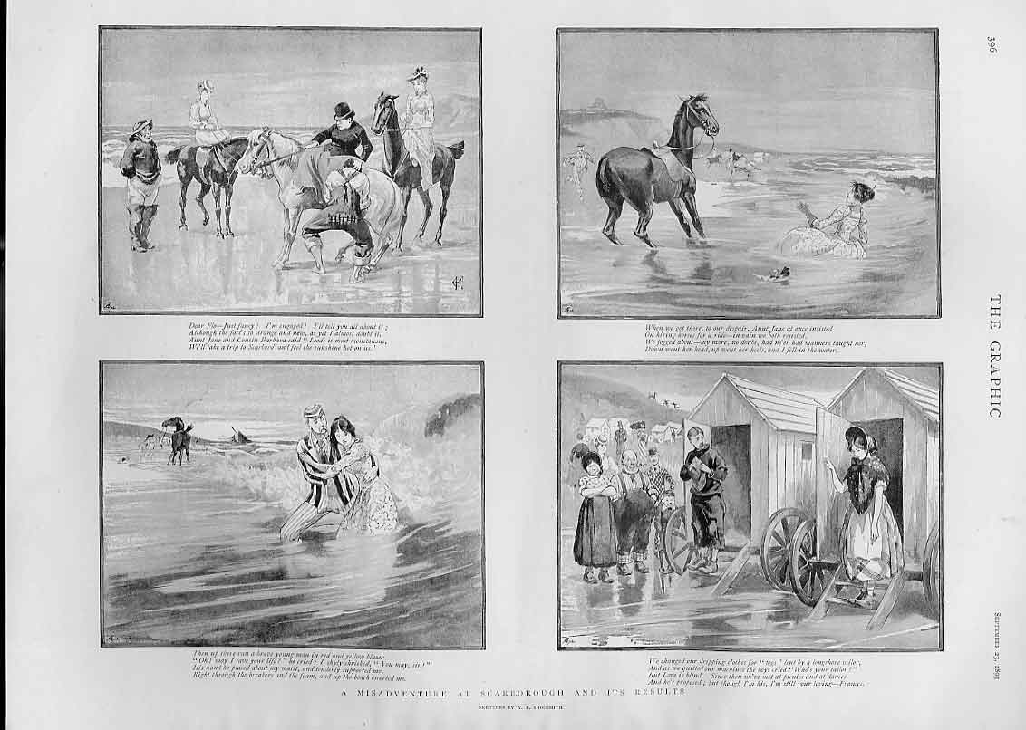 Original Old Antique Print Misadventure Scarboirough Seaside Romance