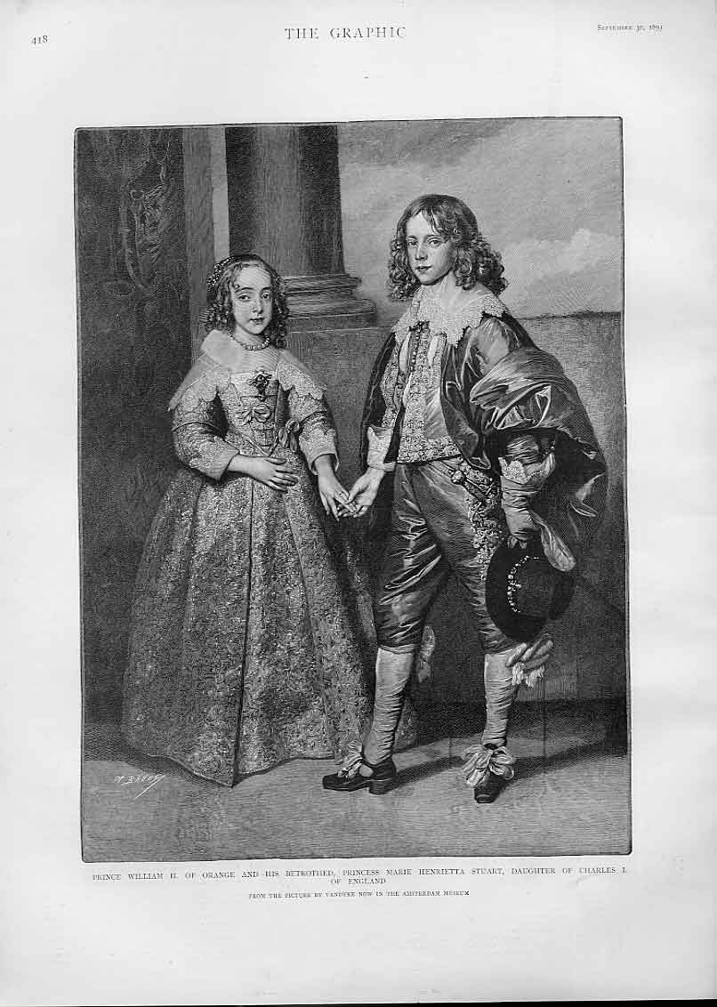 Old Antique Print Prince William Ii & Princess Marie Henrietta By Van Dyk