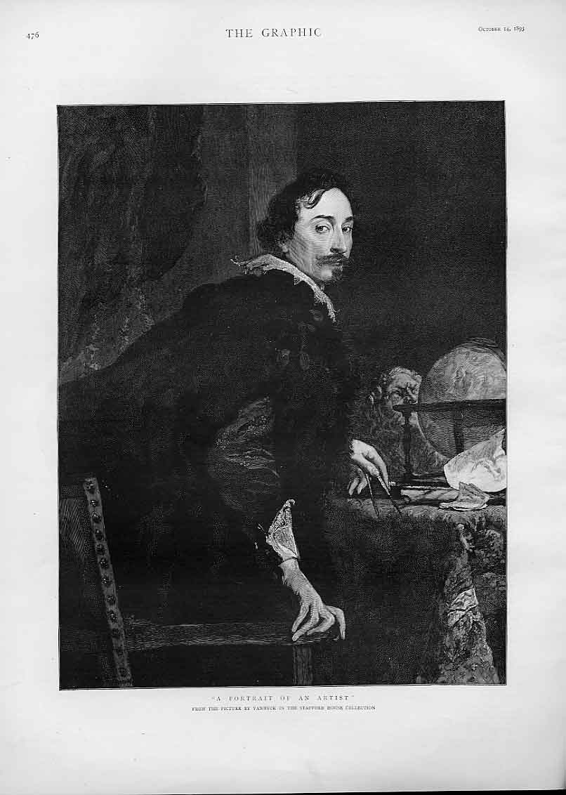 Original Old Antique Print Portrait Artist By Vandyck Fine Art 1893 Victorian