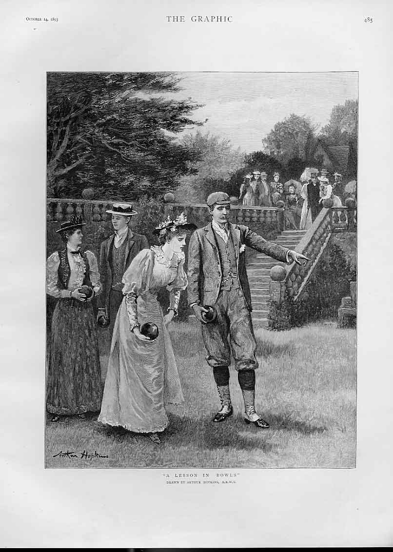 Original Old Antique Print Lesson In Bowls By Hopkins Fine Art Sport