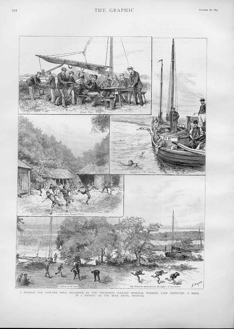 Original Old Antique Print Holiday East End Boys On River Bure Norfolk