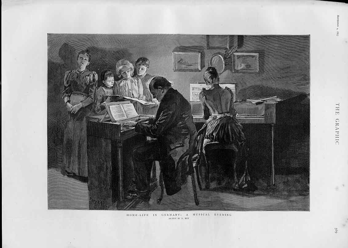 Original Old Antique Print Home Life Germany Musical Evening Entertainment 1893