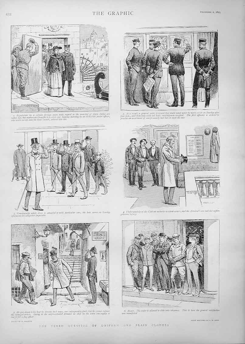 Original Old Antique Print Plain Clothes T V Uniform 1893 Comic 19th