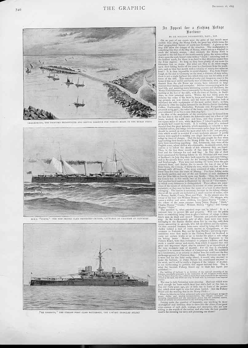 Original Old Antique Print Hms Forte Re Umberto Italian Battle Ship Craigenroan