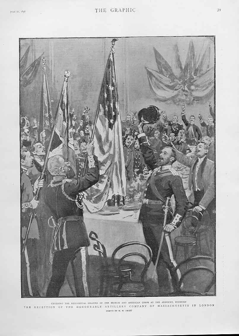 Original Old Antique Print Reception Hon Artillery Company Massachusetts 1896