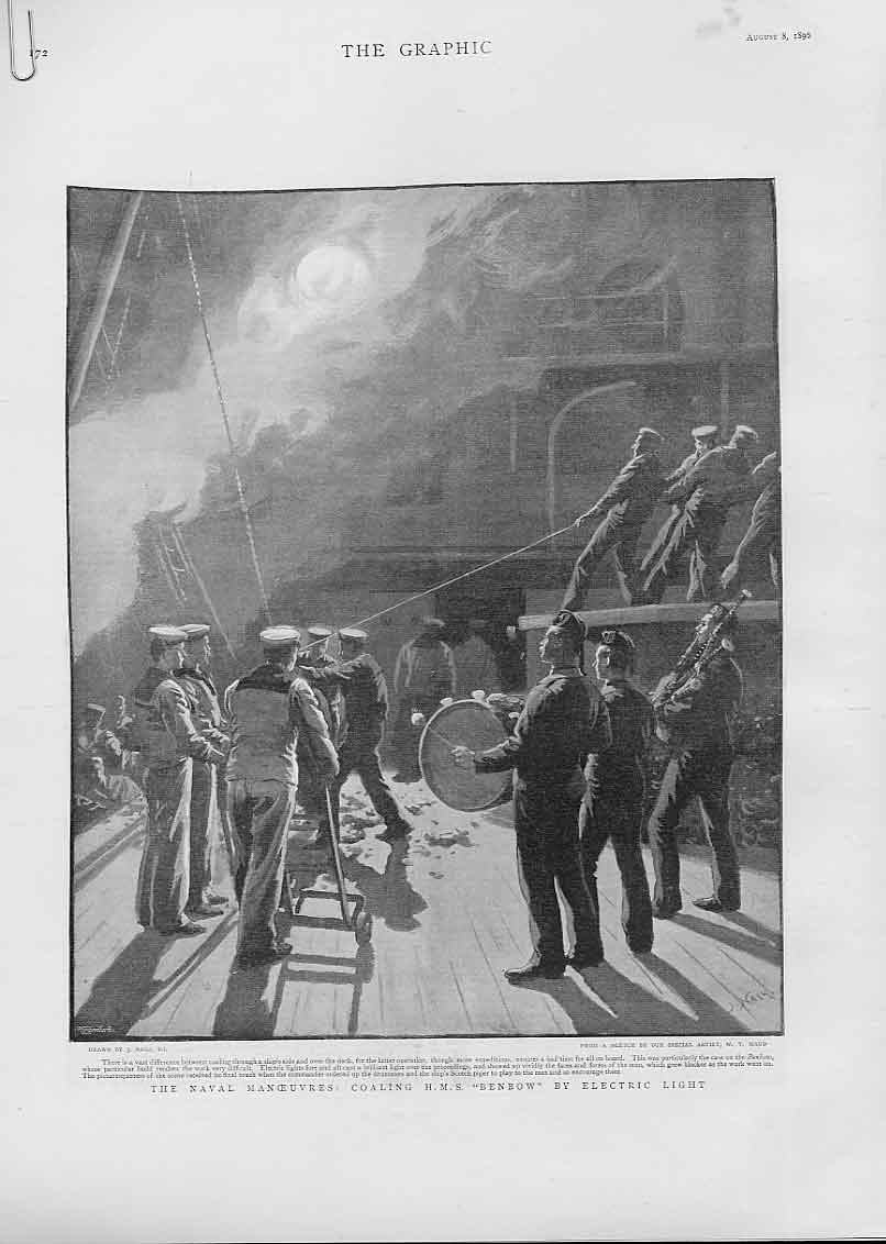 Original Old Antique Print Coaling Hms Benbow By Electric Light 18996 Ships