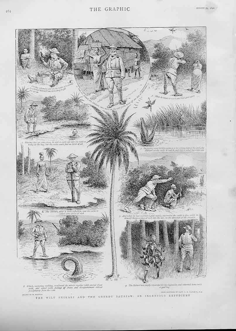 Original Old Antique Print Wily Shikari & Greedy Saurian An Ingenious Expedient