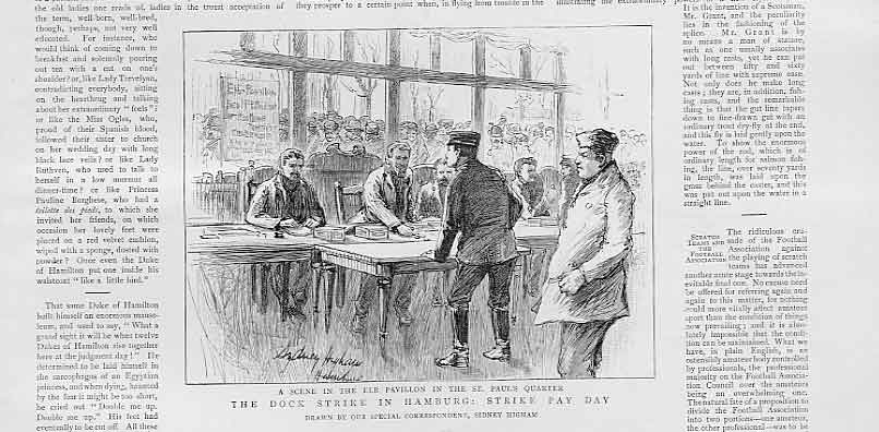 Original Old Antique Print Dock Strike Hamburg Strike Pay Day Germany 1896 19th