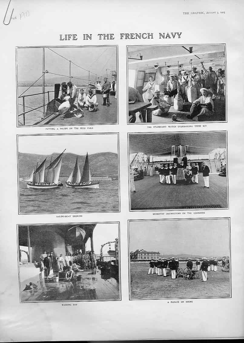 Original Old Antique Print Life In French Navy 1905 Ships 20th Century