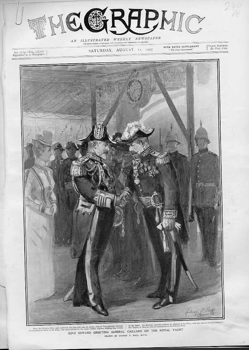 Original Old Antique Print King Edward Admiral Caillard French Navy 1905 Ships
