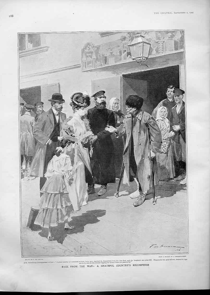 Original Old Antique Print Back From War Greatfull Country'S Recompense !! 1905