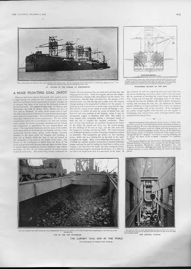 Original Old Antique Print Largest Coal Ship In World 1905 20th Century