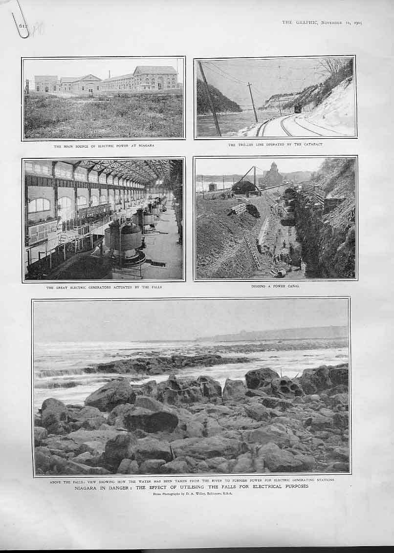 Old Antique Print Niagra Falls Danger 1905 Water Extraction Electricity 20th