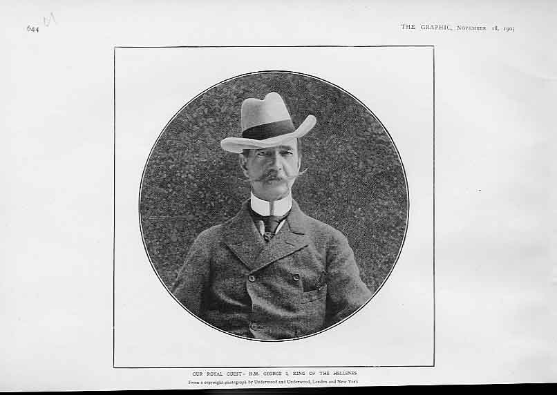 Original Old Antique Print H M George I King The Hellenes 1905 Portrait 20th