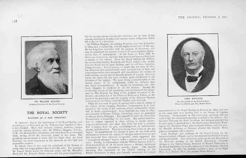 Old Antique Print Royal Scoiety Presidents Huggins & Lord Rayleigh 1905 20th