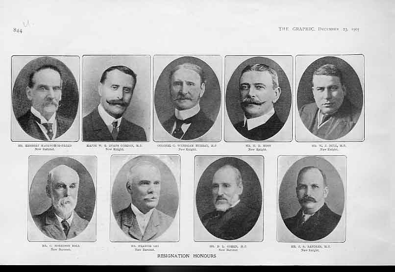 Old Antique Print New Baronets & Knights Resigination Honours List 1905 20th