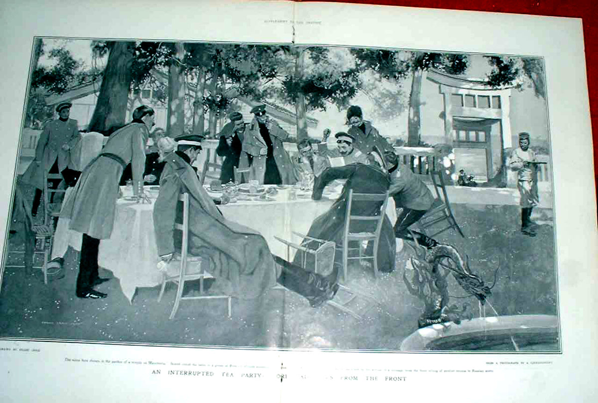 Original Old Antique Print Te Party Garden Temple In Manchuria.. Bad News 1905