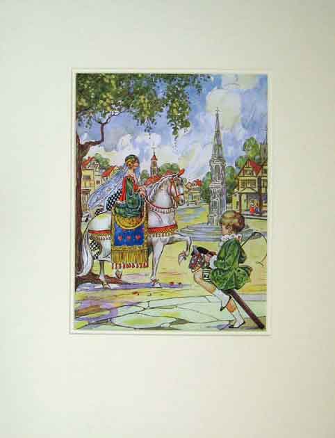 Original Old Antique Print 1916 Ride Cock Horse Nursery Rhyme Children Statue