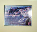 Original Old Antique Print Water Colour Painting River Houses Flowers Trees