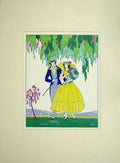 Original Old Antique Print Colour Painting Man Woman Romance Flowers Trees