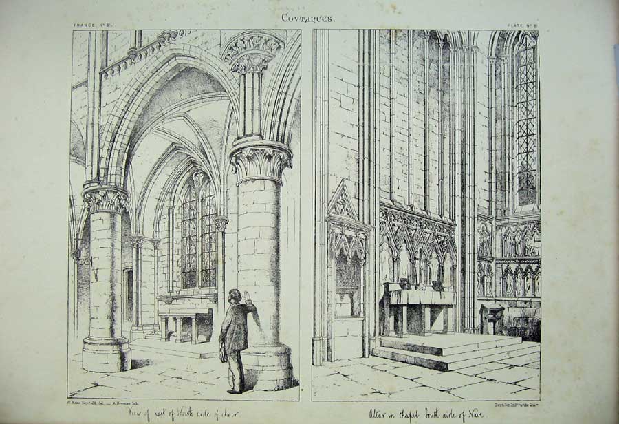 Old Antique Print France Architecture Covtances Choir Altar Nave Church