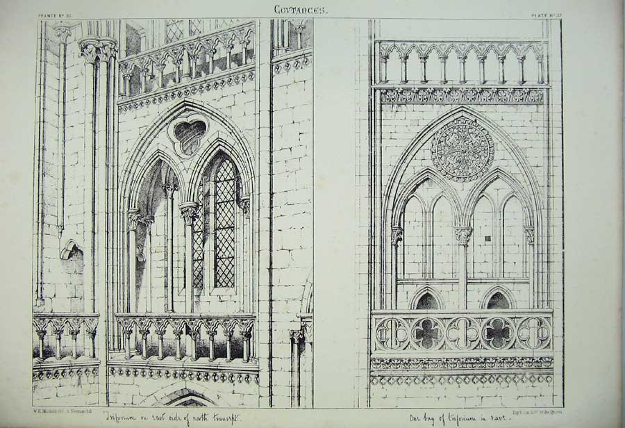 Original Old Antique Print Covtances Cathedral Triforium Nave Transept France