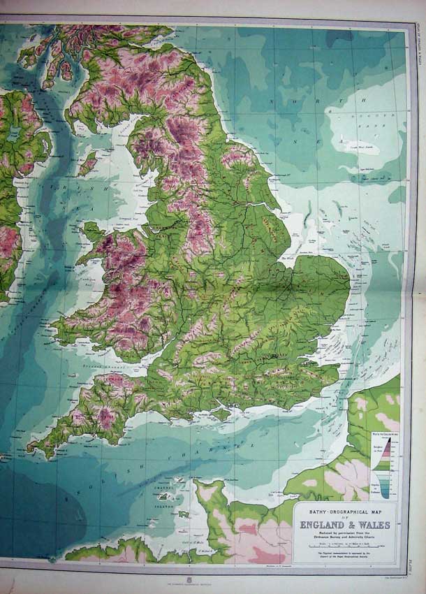 Old Antique Print Bathy-Orographical England Wales Atlas Channel Islands