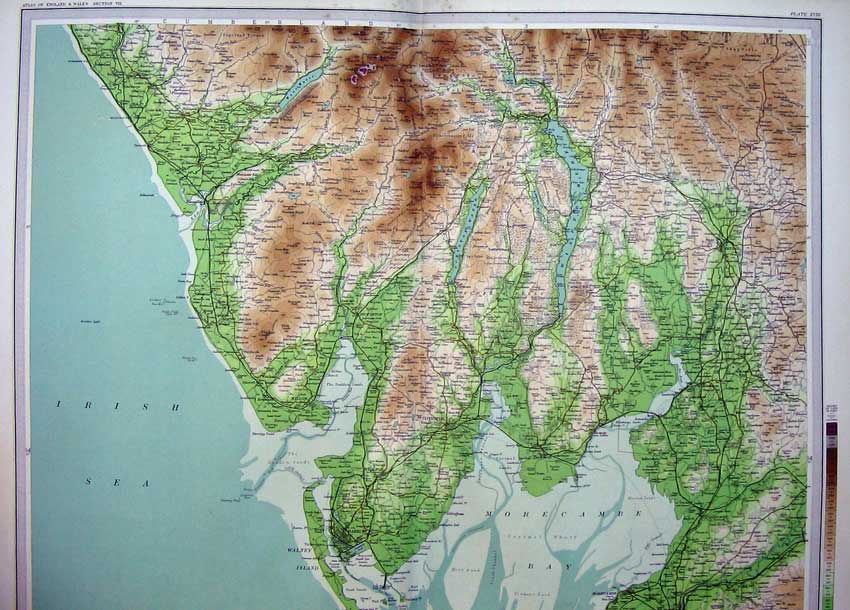 Original Old Antique Print Atlas England Barrow Windermere Walney Island Dalton