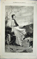 Antique Old Print *0142 1882 Beautiful Woman Country Goat Fields Trees Plants