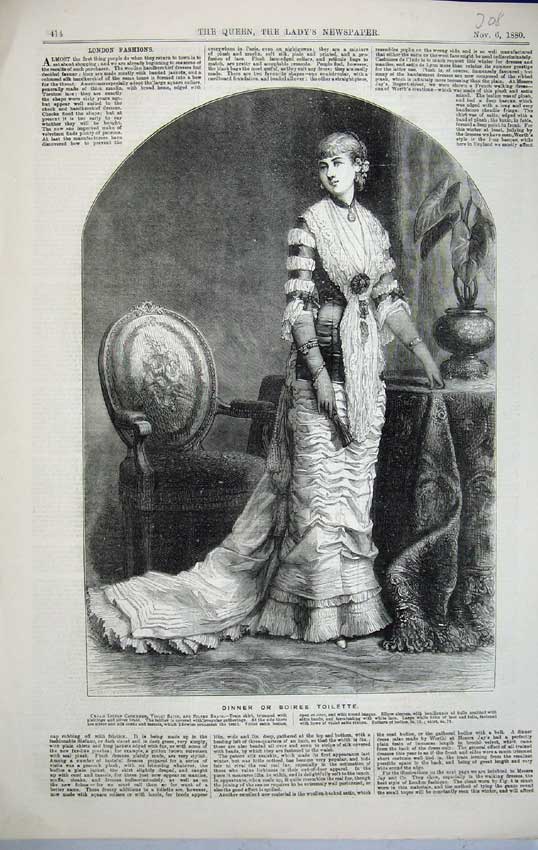 Antique Old Print *0143 1880 Beautiful Woman Dinner Soiree Toilette Fashion