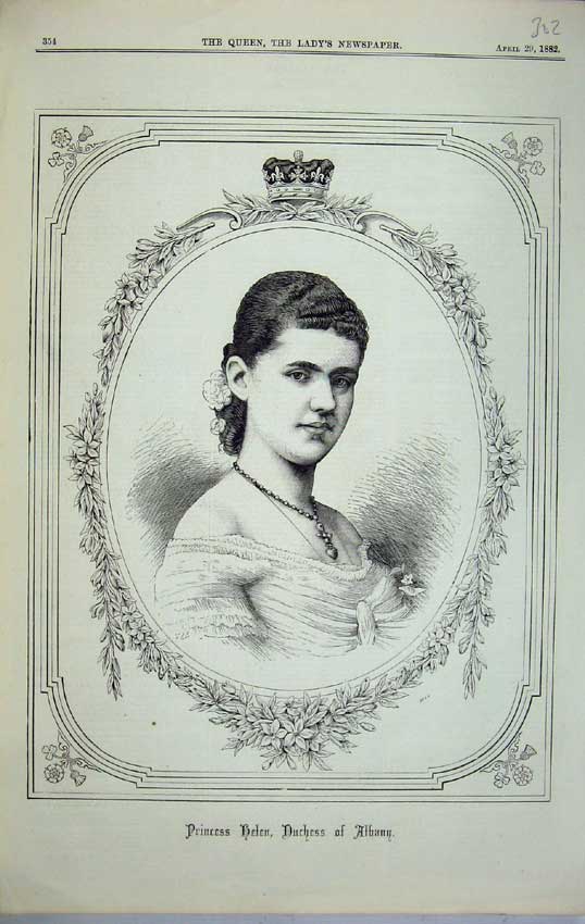 Original Old Antique Print 1882 Portrait Princess Helen Duchess Albany Royal B