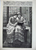 Old Antique Print 1883 Beautiful Young Girls Reading Book Sitting Window 19th