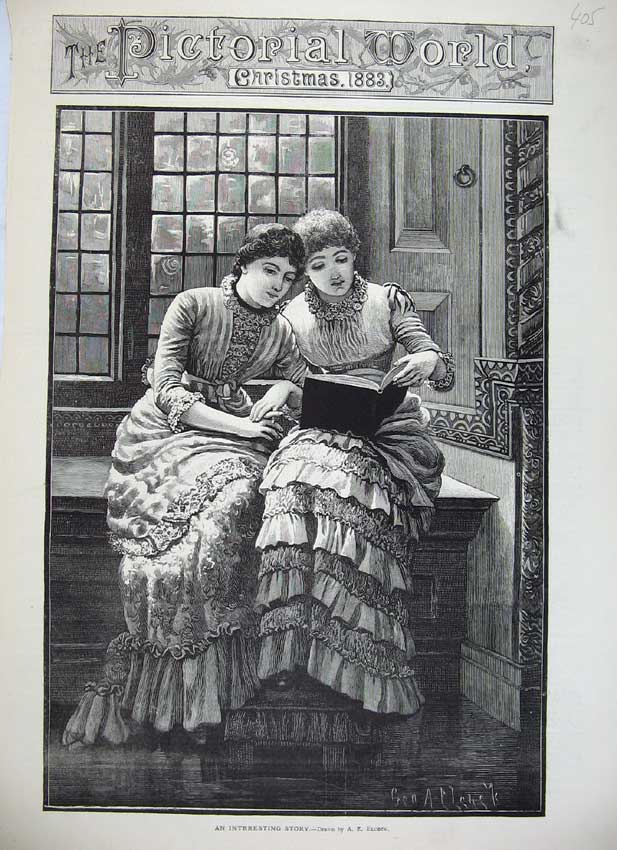Old Antique Print 1883 Beautiful Young Girls Reading Book Sitting Window 19th