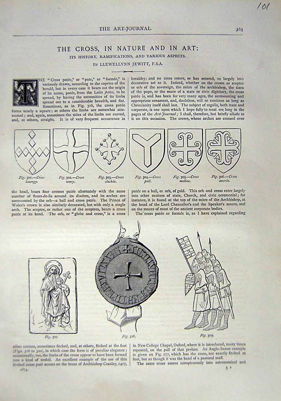Original Old Antique Print 1870 Art Journal Cross Lozengy Clechee Moline Ancree