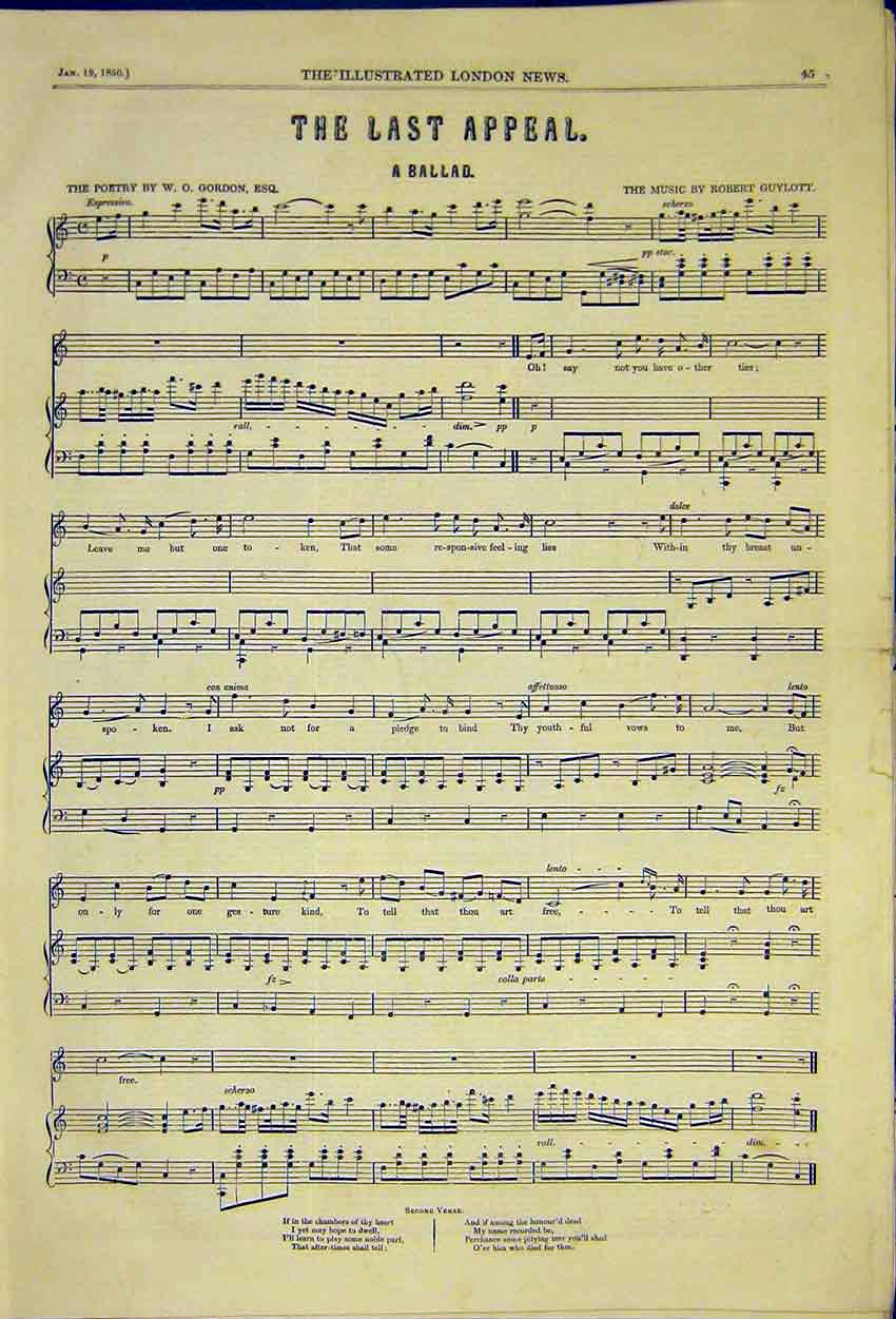 Original Old Antique Print Music Score Last Appeal Ballad Gordon Guylott 1850