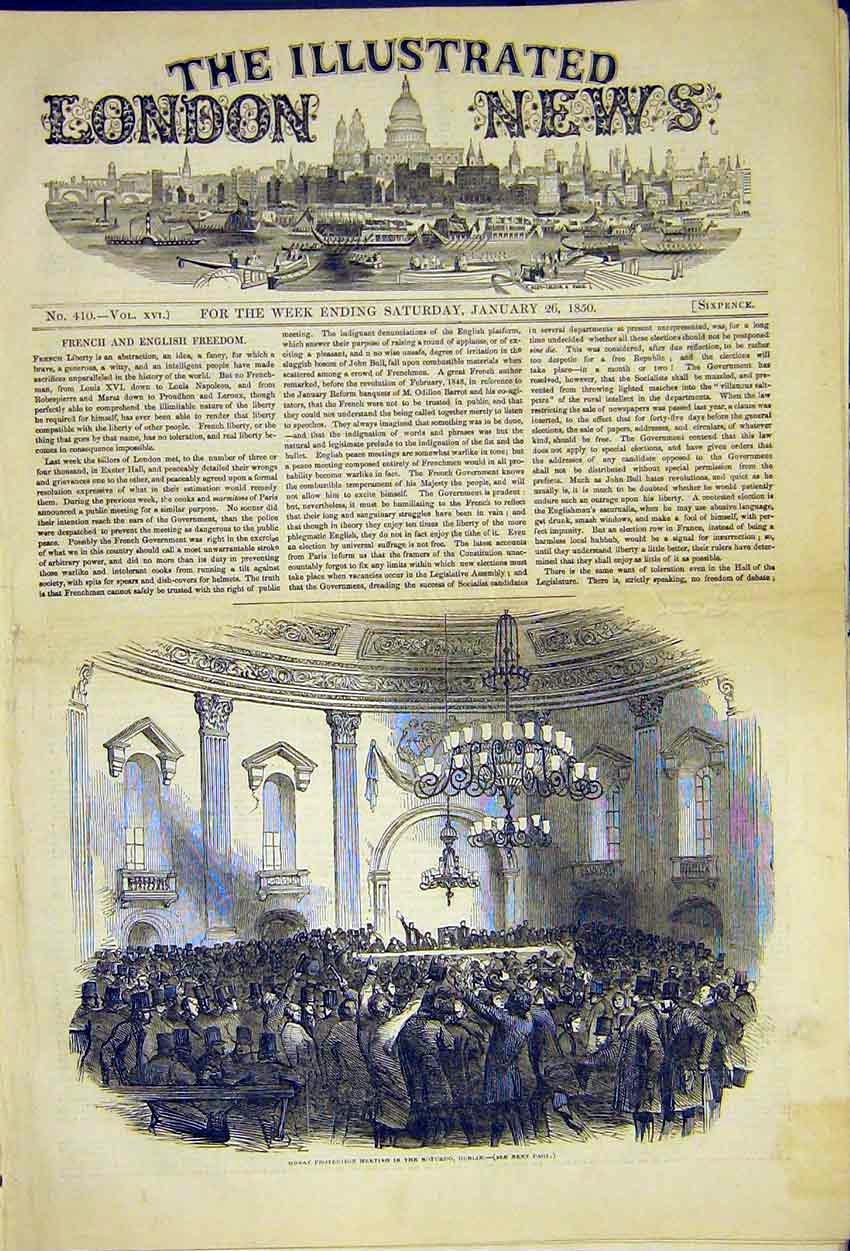 Original Old Antique Print Rotundo Ireland Protection Meeting Dublin 1850 19th