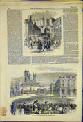 Original Old Antique Print Castle Gate Yard Lincoln Protectionist 1850 Victorian