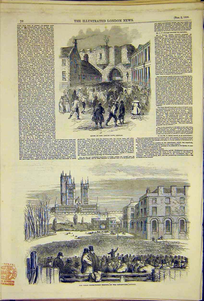 Original Old Antique Print Castle Gate Yard Lincoln Protectionist 1850 Victorian