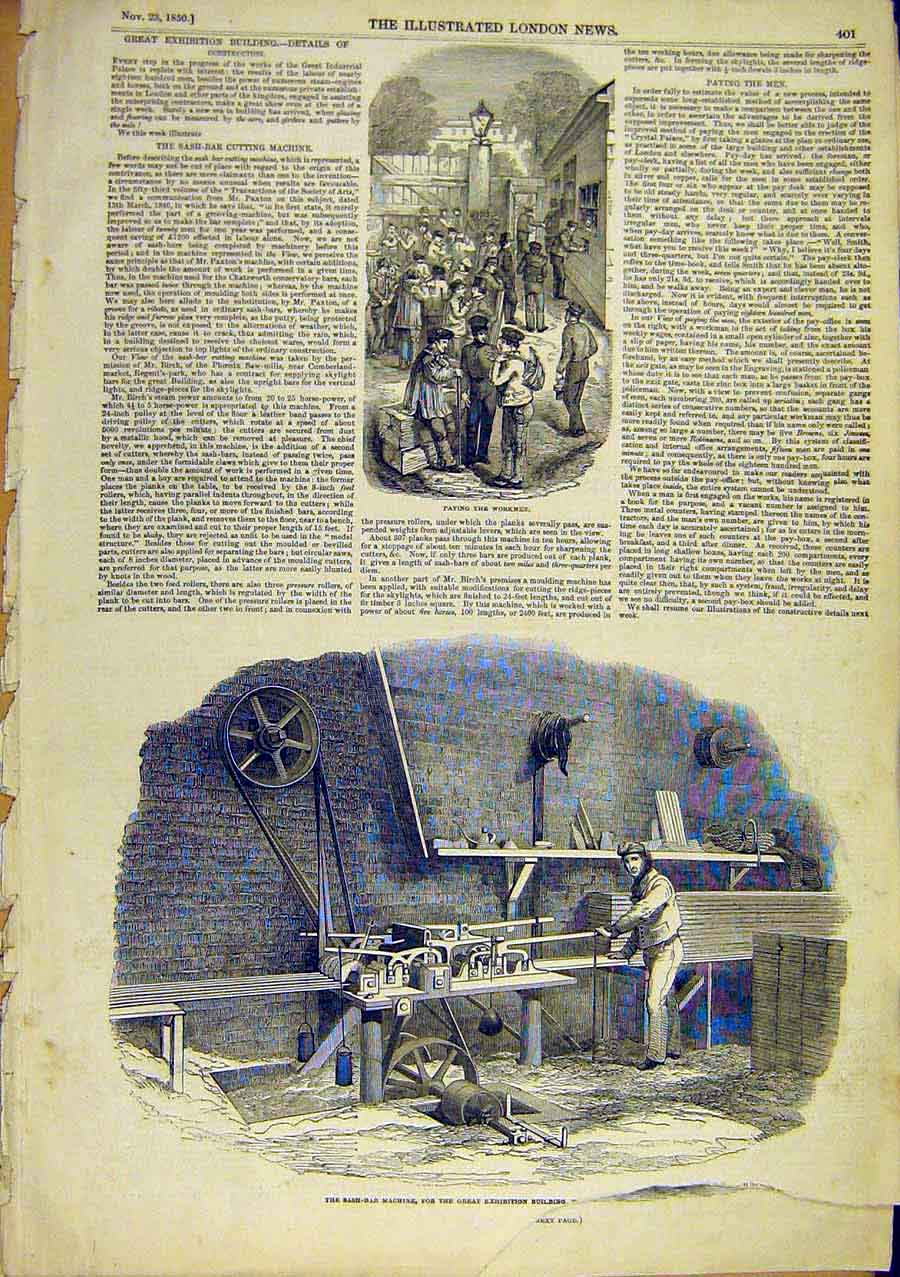Old Antique Print Sash-Bar Machine Great-Exhibition Workmen Building 1850 19th