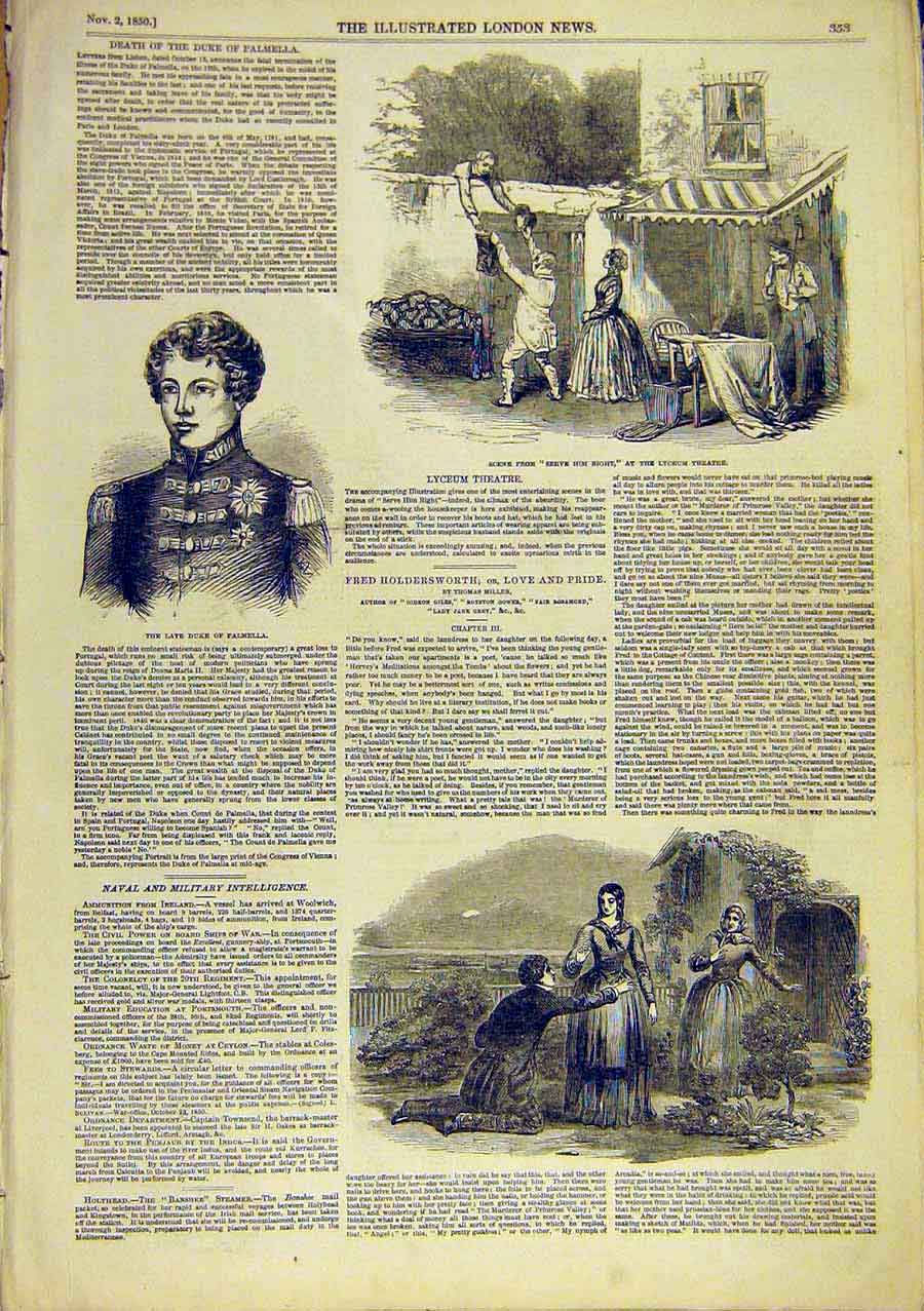 Original Old Antique Print Theatre Scene Lyceum Duke Palmella 1850 Victorian