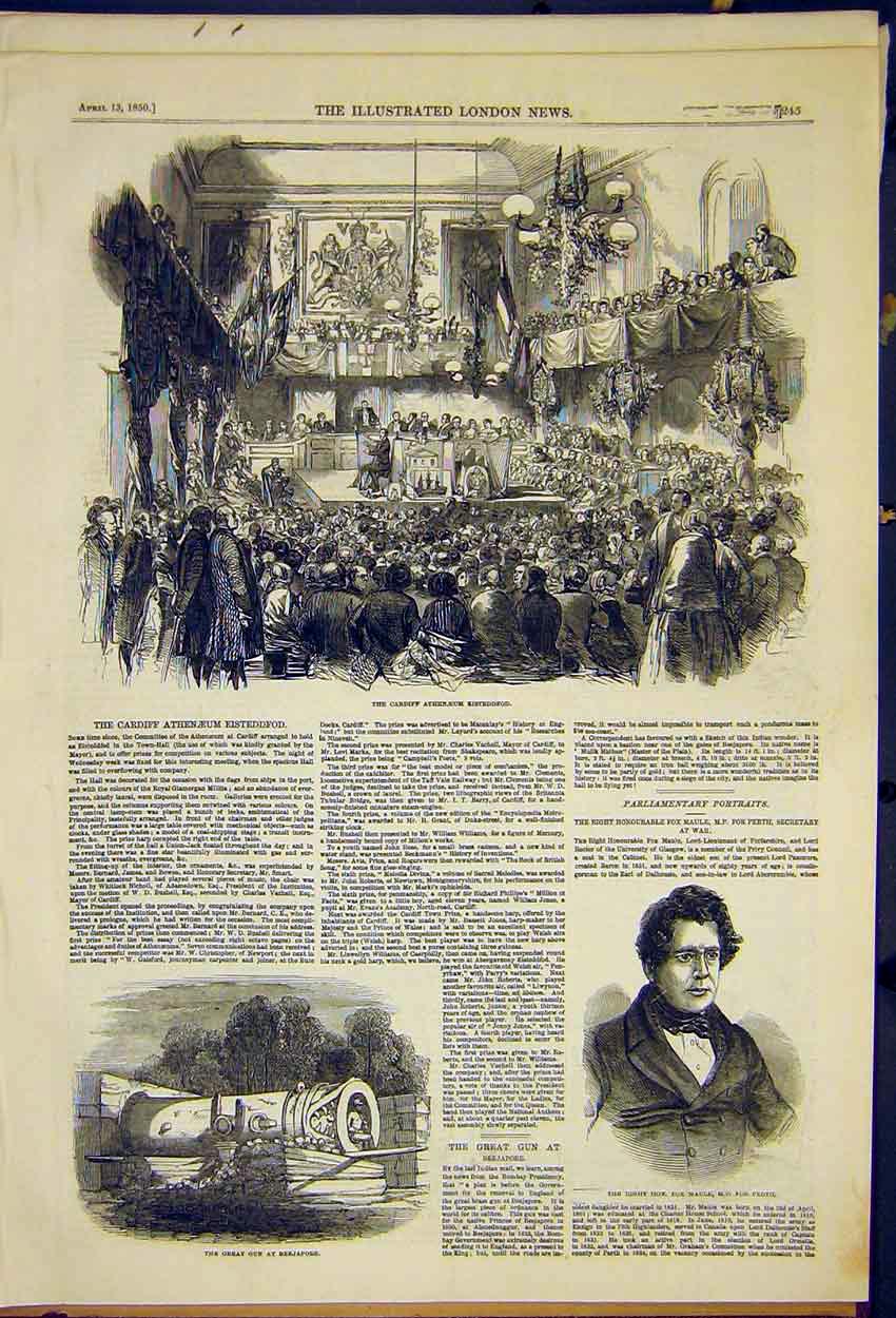 Original Old Antique Print Cardif Atheneum Eisteddford Maule Mp Perth 1850 19th