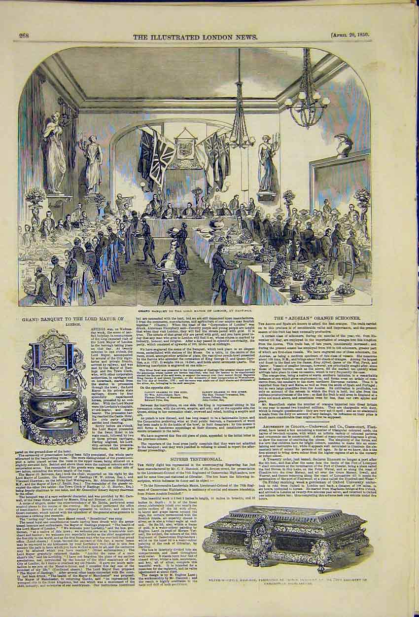 Original Old Antique Print Banquet Hasting Mayor London Testimonial 1850 19th